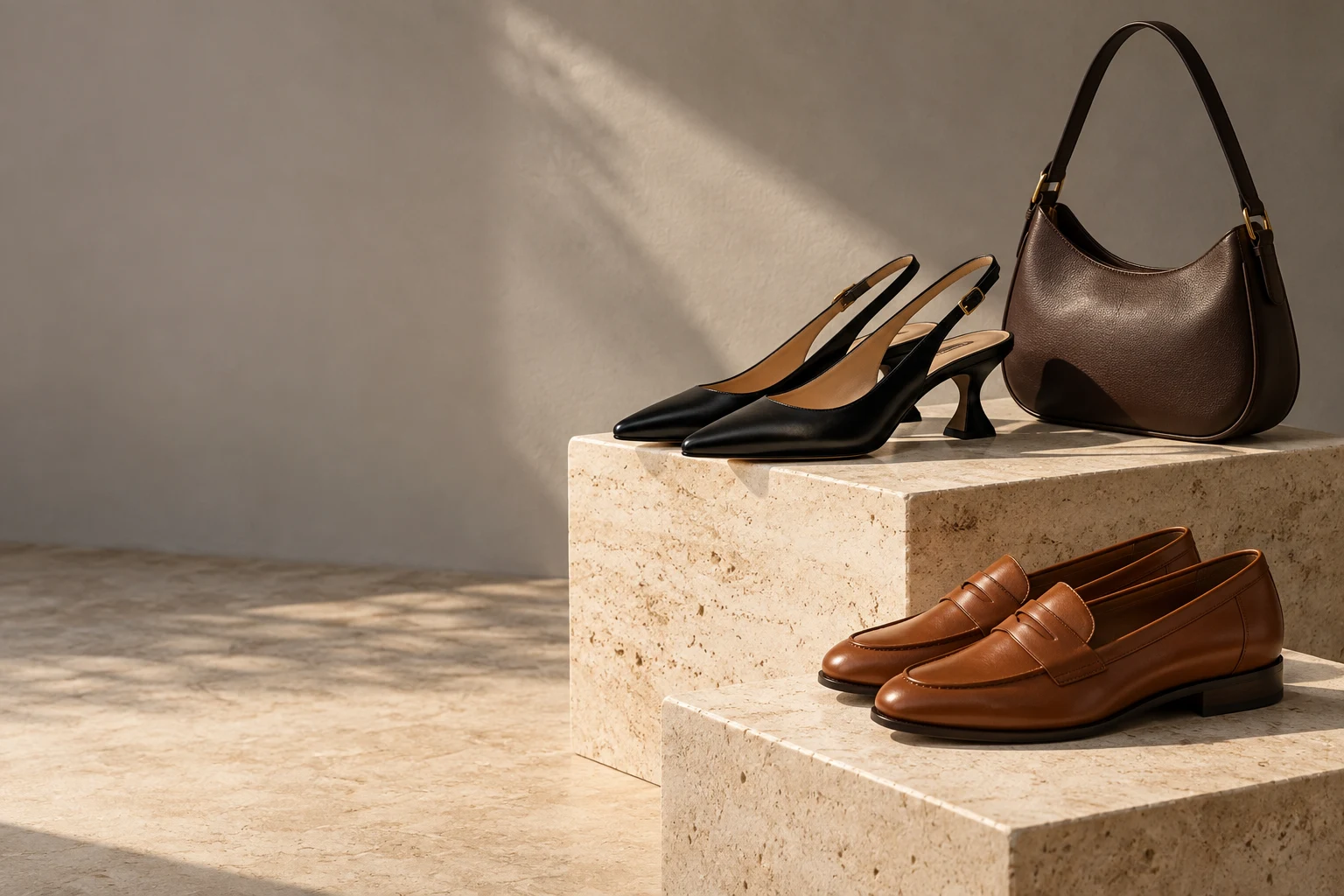 Editorial Best Shoes com calçados de couro e bolsa sobre pedra natural